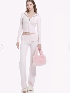 Angel Ruche That Girl Rib Knit Fold Over Straight Leg Pants Pink